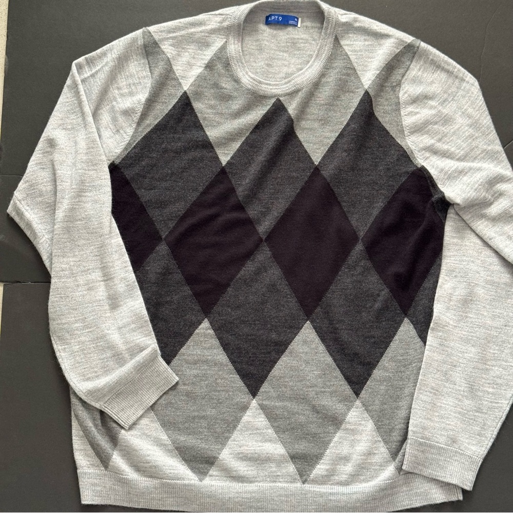 Apt 9 Pullover Sweater Mens XL Grey Black Wool Blend Diamond Pattern